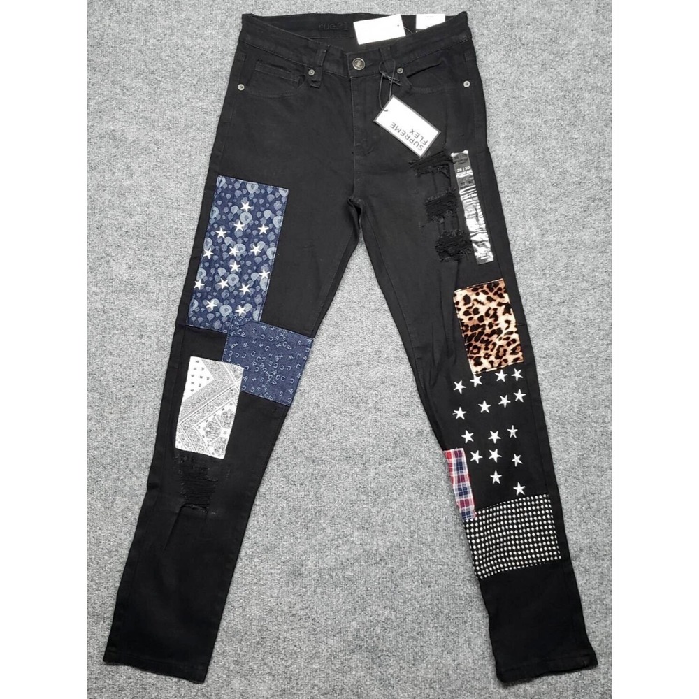 Rue21 Jeans Mens 28X30 Black Denim Supreme Flex Skinny Distressed Patches New